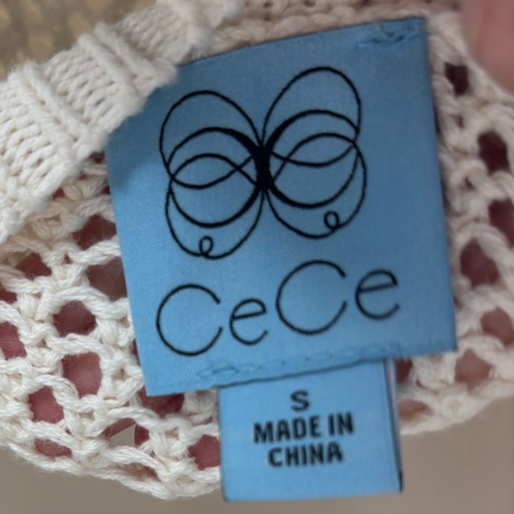 CeCe Open Knit Pullover White 100% Cotton Short Sleeve Crewneck sweater small - Picture 3 of 7